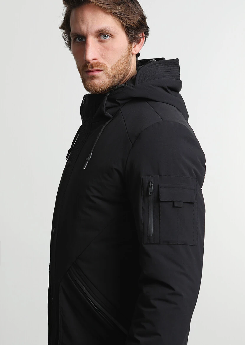 Black Regular Fit Casual Weaving Removable Hood Coat - 3