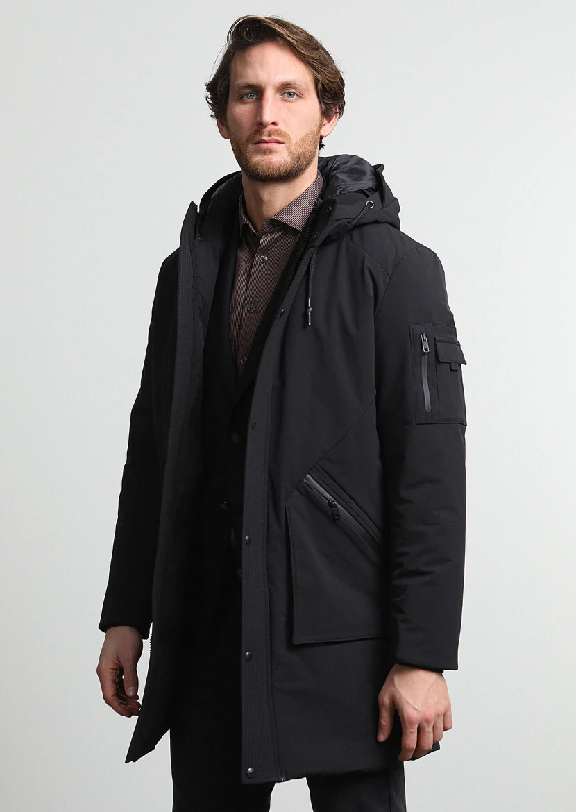 Black Regular Fit Casual Weaving Removable Hood Coat - 4