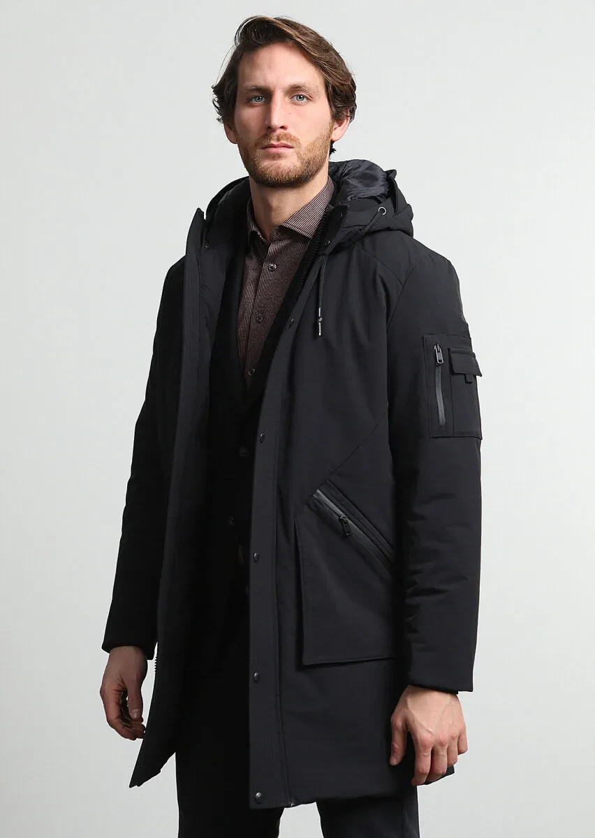 Black Regular Fit Casual Weaving Removable Hood Coat - 4