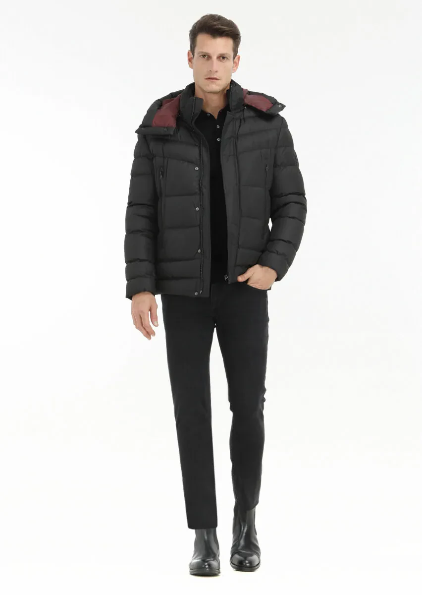 Black Regular Fit Casual Weaving Removable Hood Coat - 1