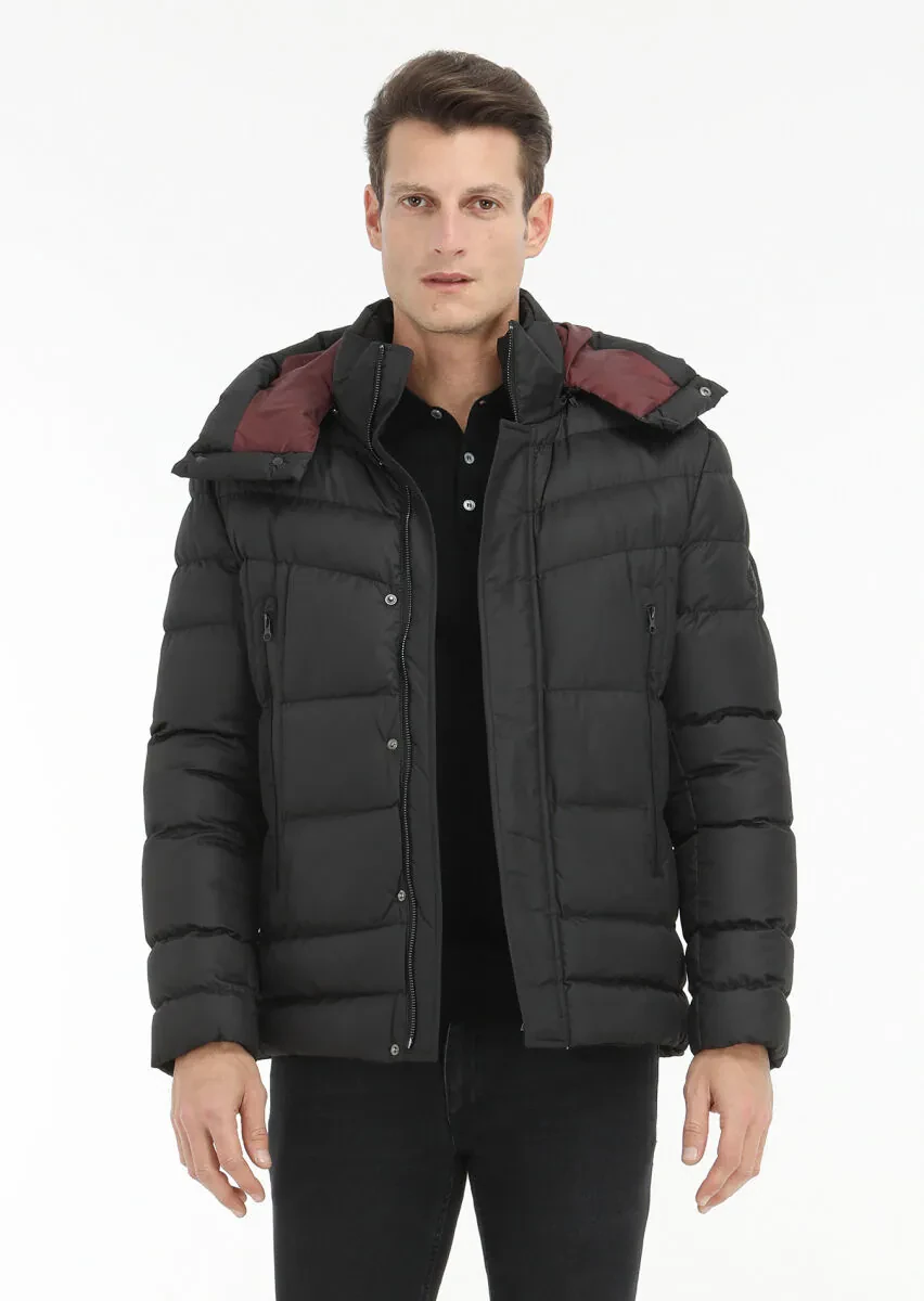 Black Regular Fit Casual Weaving Removable Hood Coat - 2