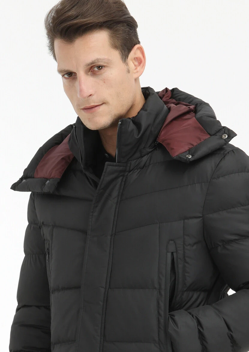 Black Regular Fit Casual Weaving Removable Hood Coat - 4