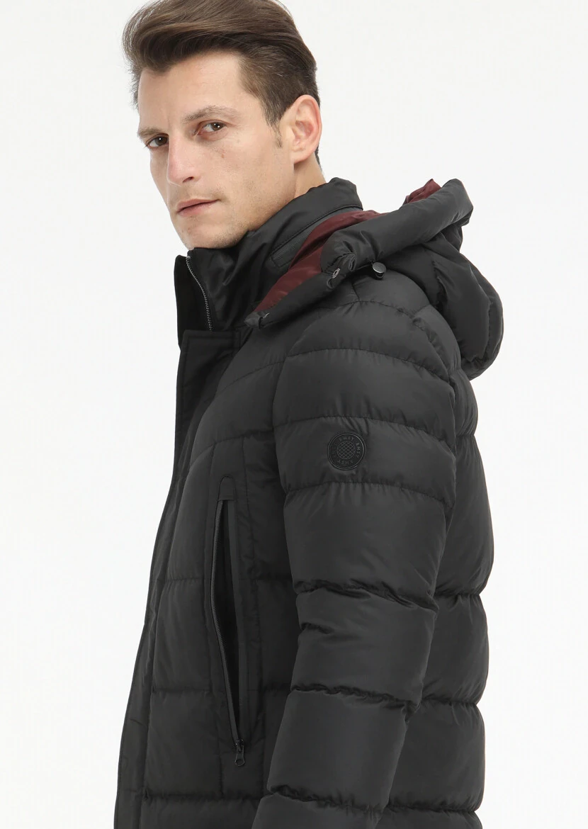 Black Regular Fit Casual Weaving Removable Hood Coat - 5