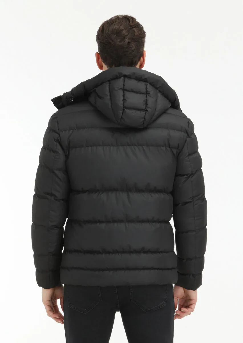 Black Regular Fit Casual Weaving Removable Hood Coat - 6