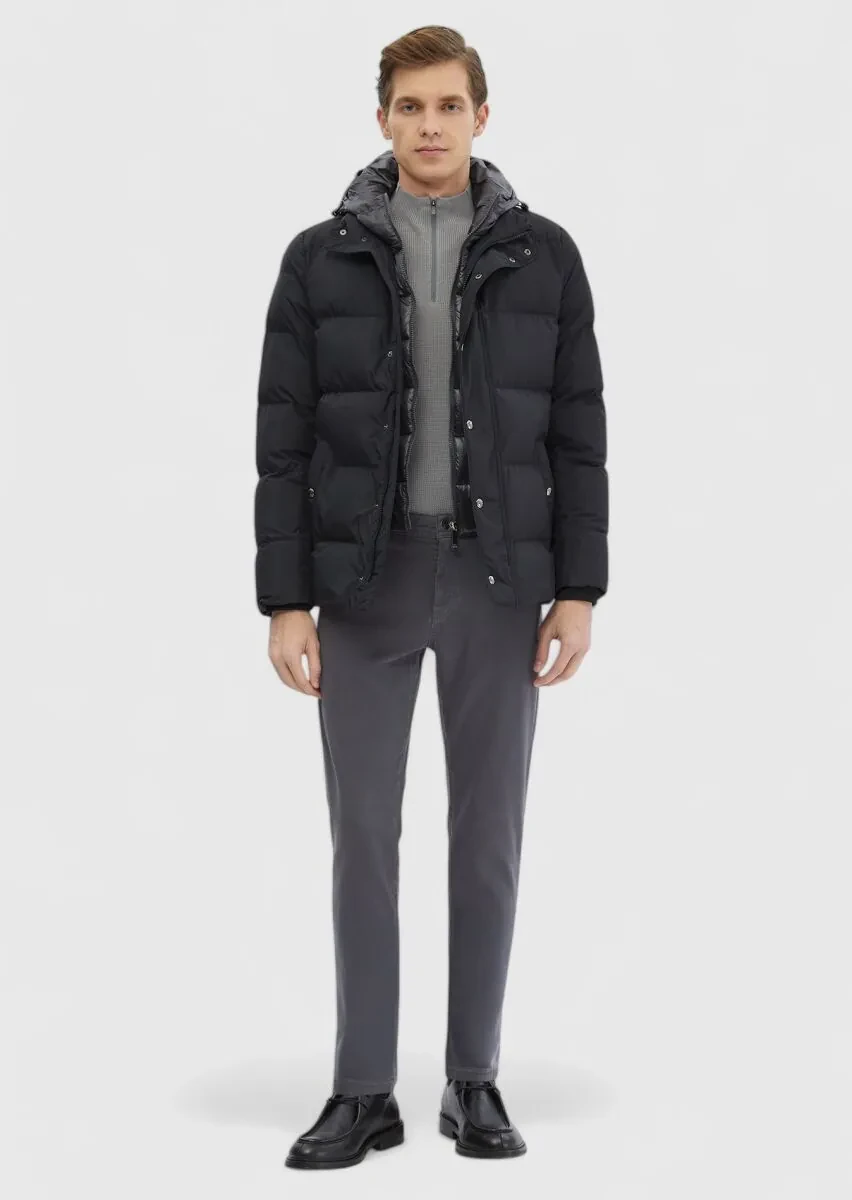 Black Regular Fit Casual Weaving Removable Hood Coat - 2