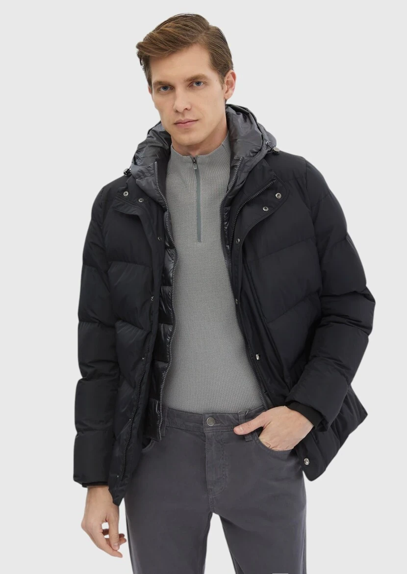 Black Regular Fit Casual Weaving Removable Hood Coat - 3