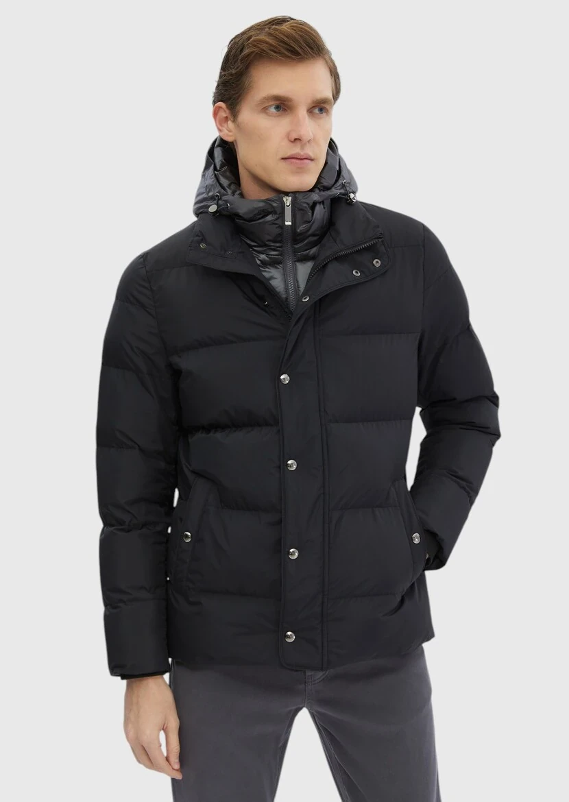 Black Regular Fit Casual Weaving Removable Hood Coat - 5