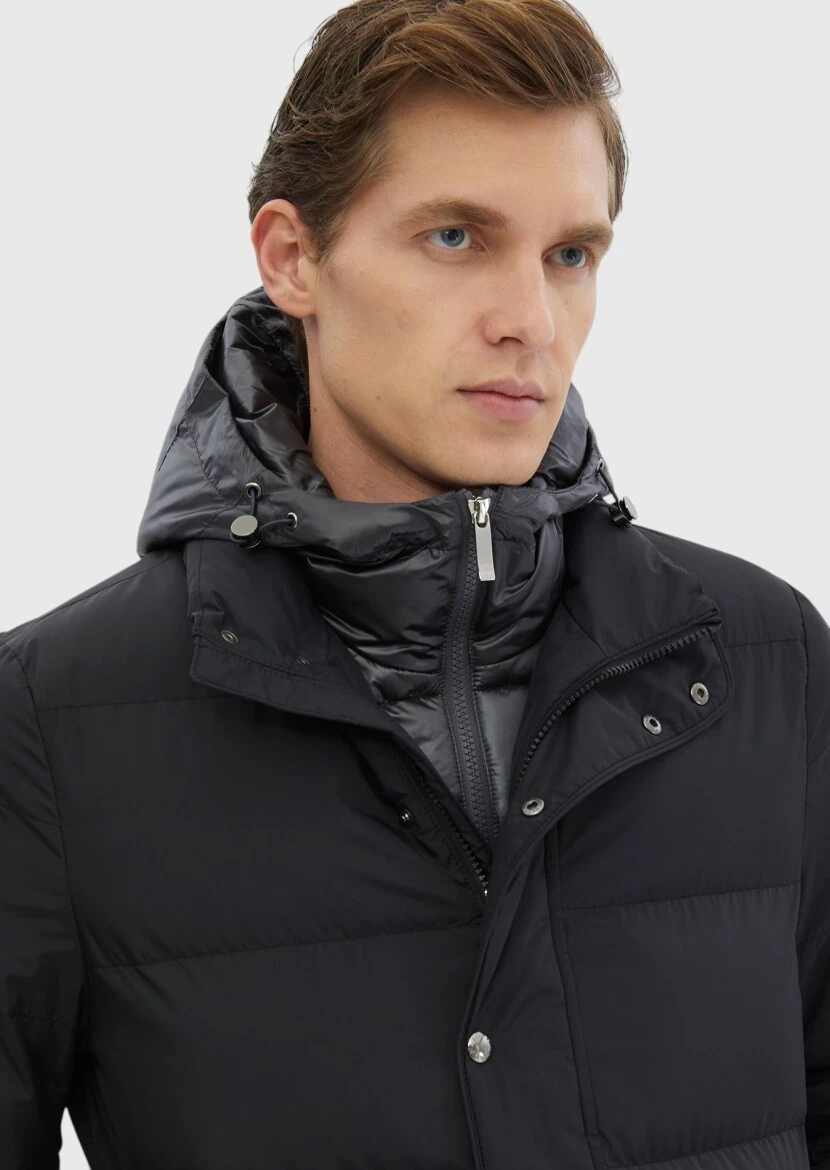 Black Regular Fit Casual Weaving Removable Hood Coat - 6