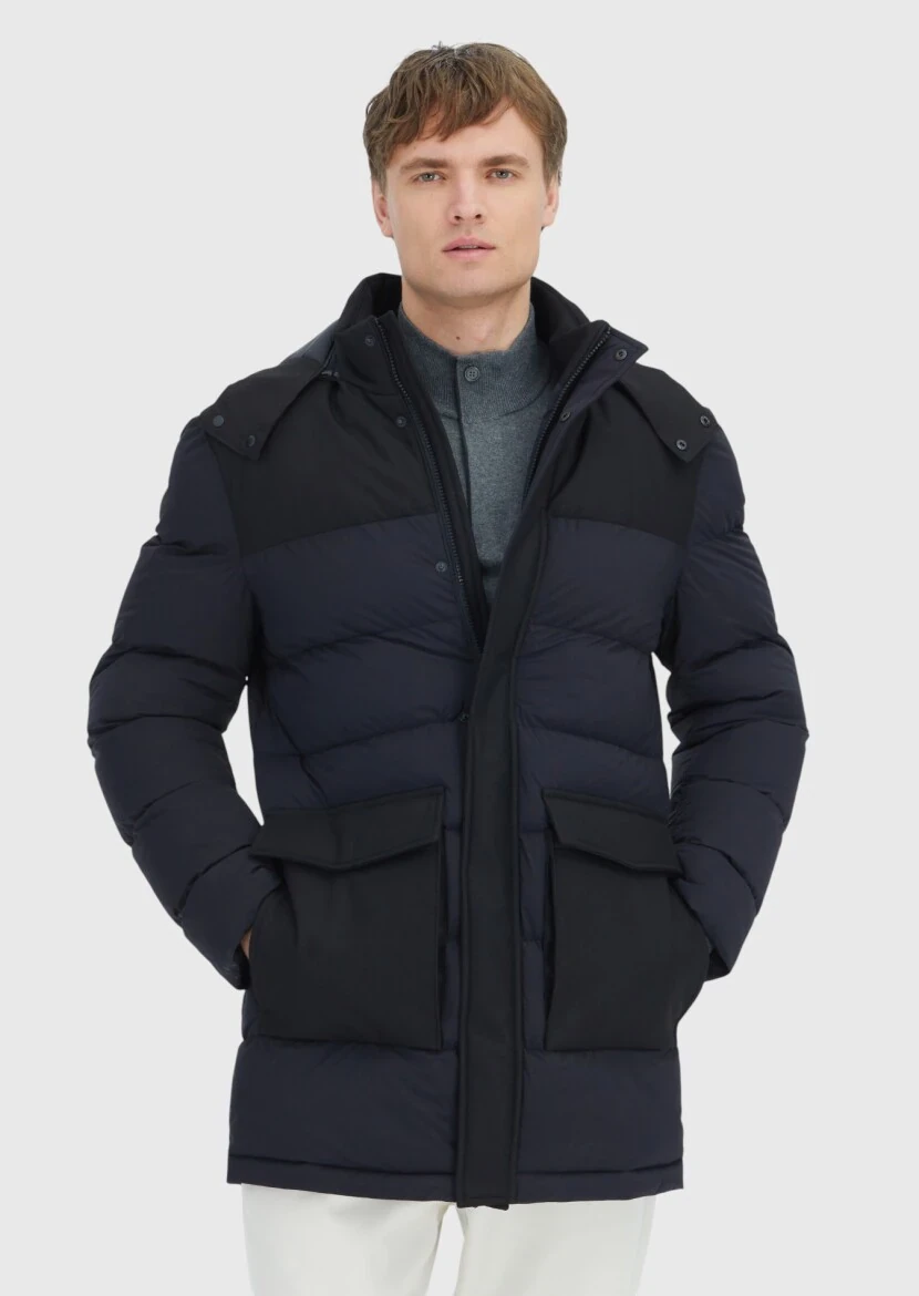 Black Regular Fit Classical Weaving Removable Hood Coat - RAMSEY