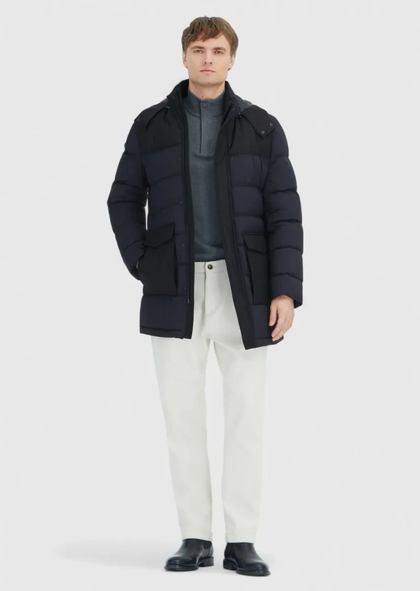 Black Regular Fit Classical Weaving Removable Hood Coat - 2