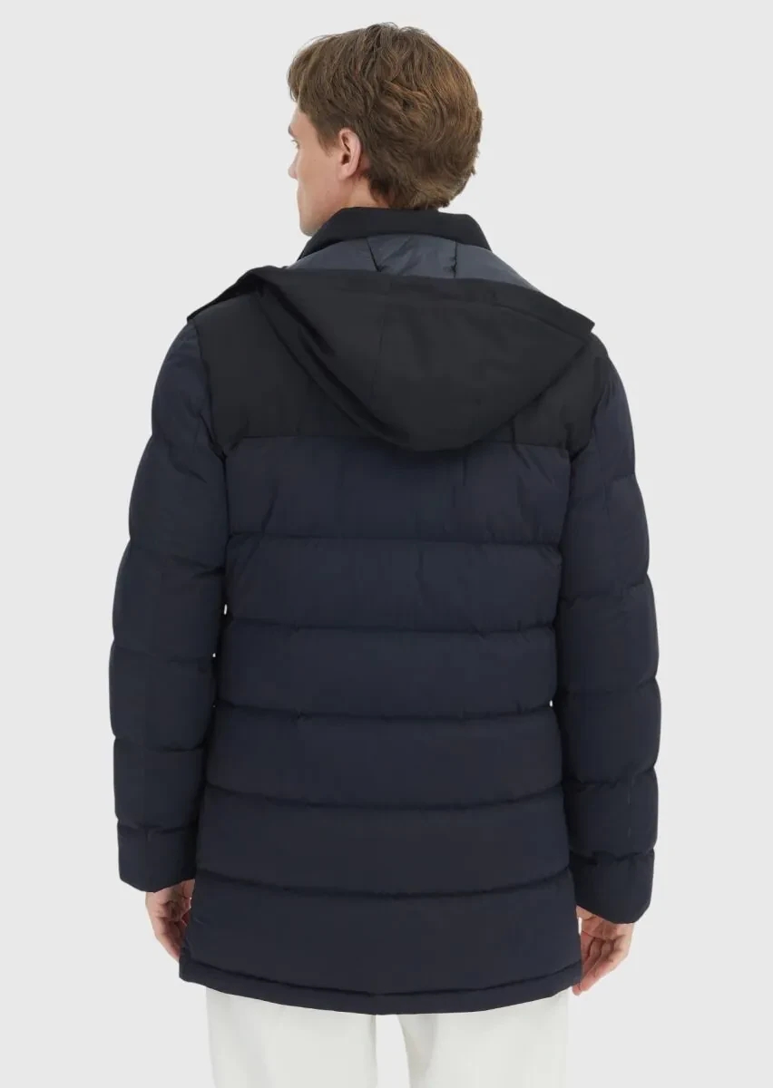 Black Regular Fit Classical Weaving Removable Hood Coat - 7