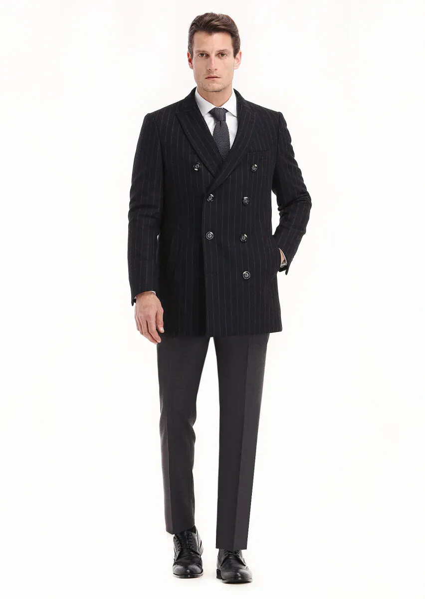 Black Regular Fit Double Breasted Collar Casual Weaving Coat - 1