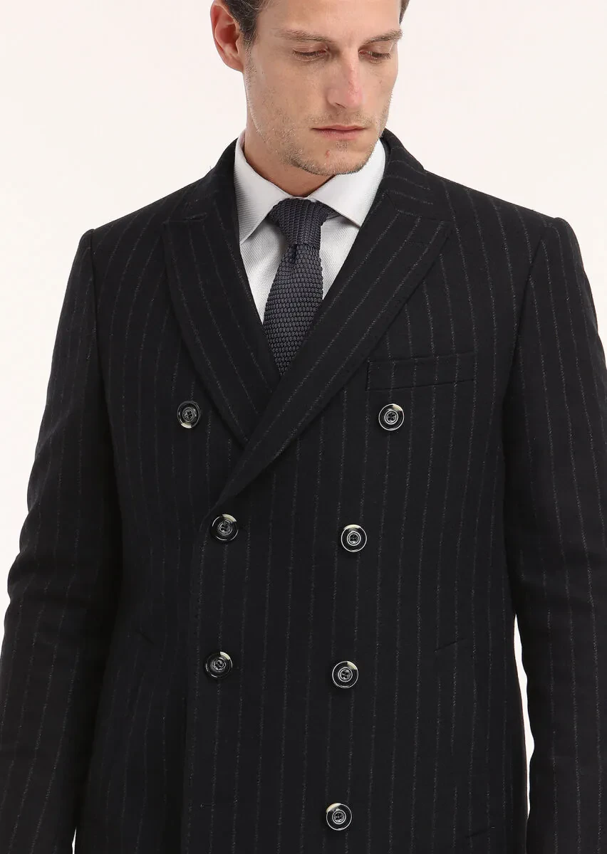 Black Regular Fit Double Breasted Collar Casual Weaving Coat - 2