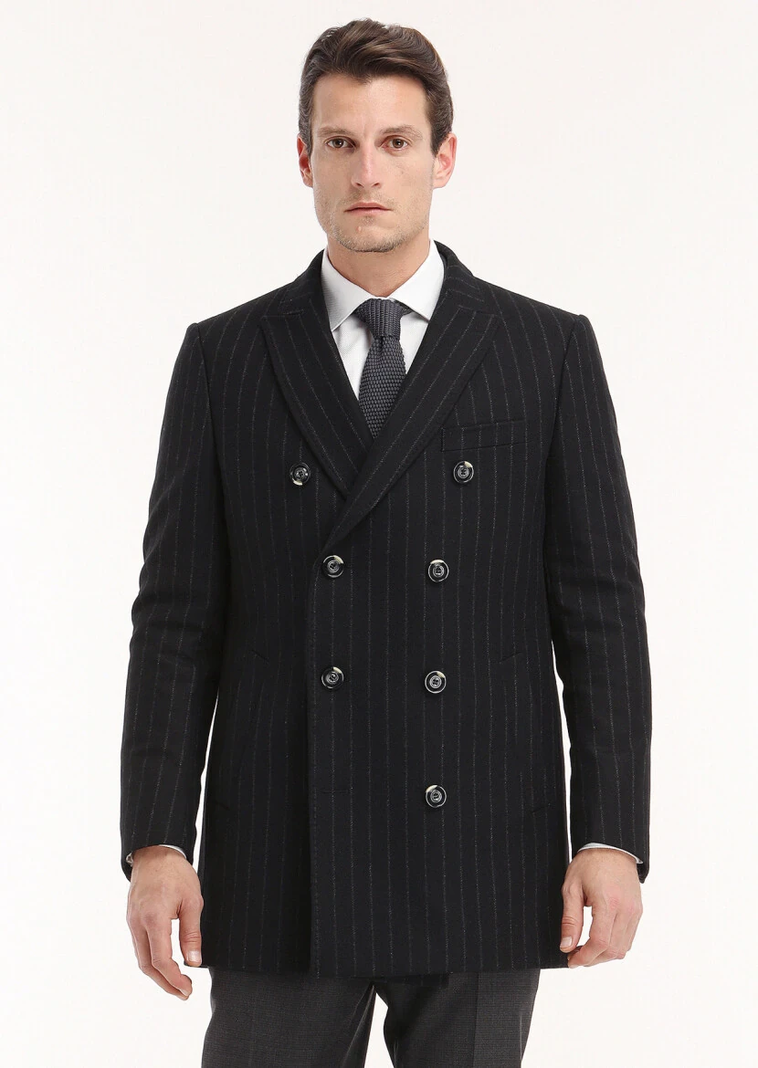 Black Regular Fit Double Breasted Collar Casual Weaving Coat - 3