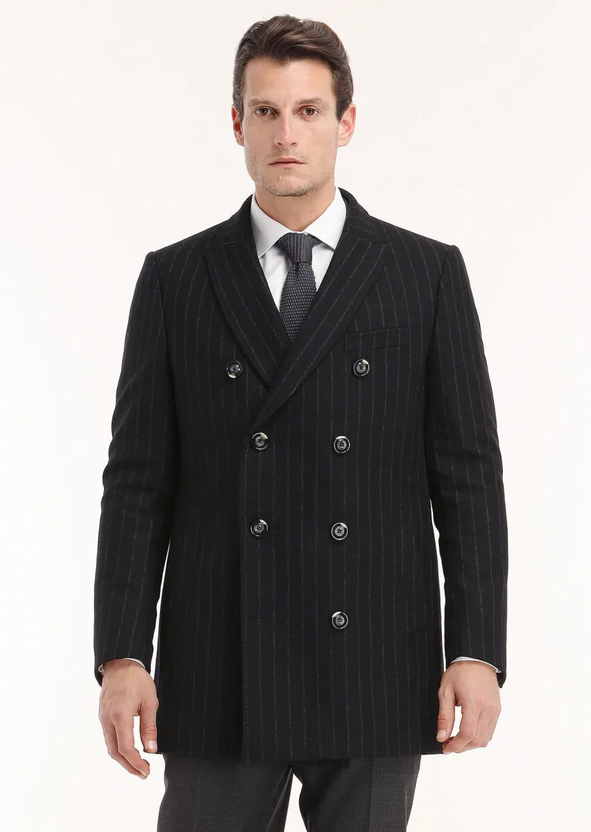 Black Regular Fit Double Breasted Collar Casual Weaving Coat - 3