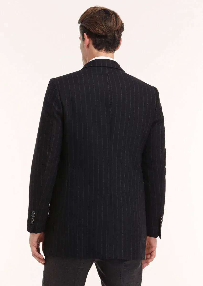 Black Regular Fit Double Breasted Collar Casual Weaving Coat - 4