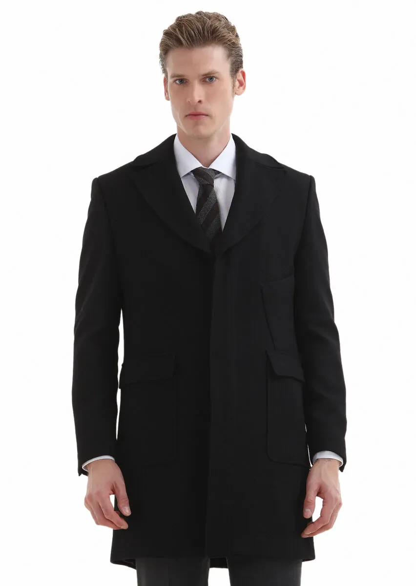 Black Regular Fit Double Breasted Collar Casual Weaving Overcoat - 2