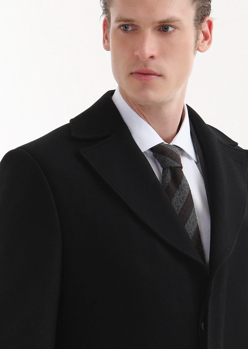 Black Regular Fit Double Breasted Collar Casual Weaving Overcoat - 3