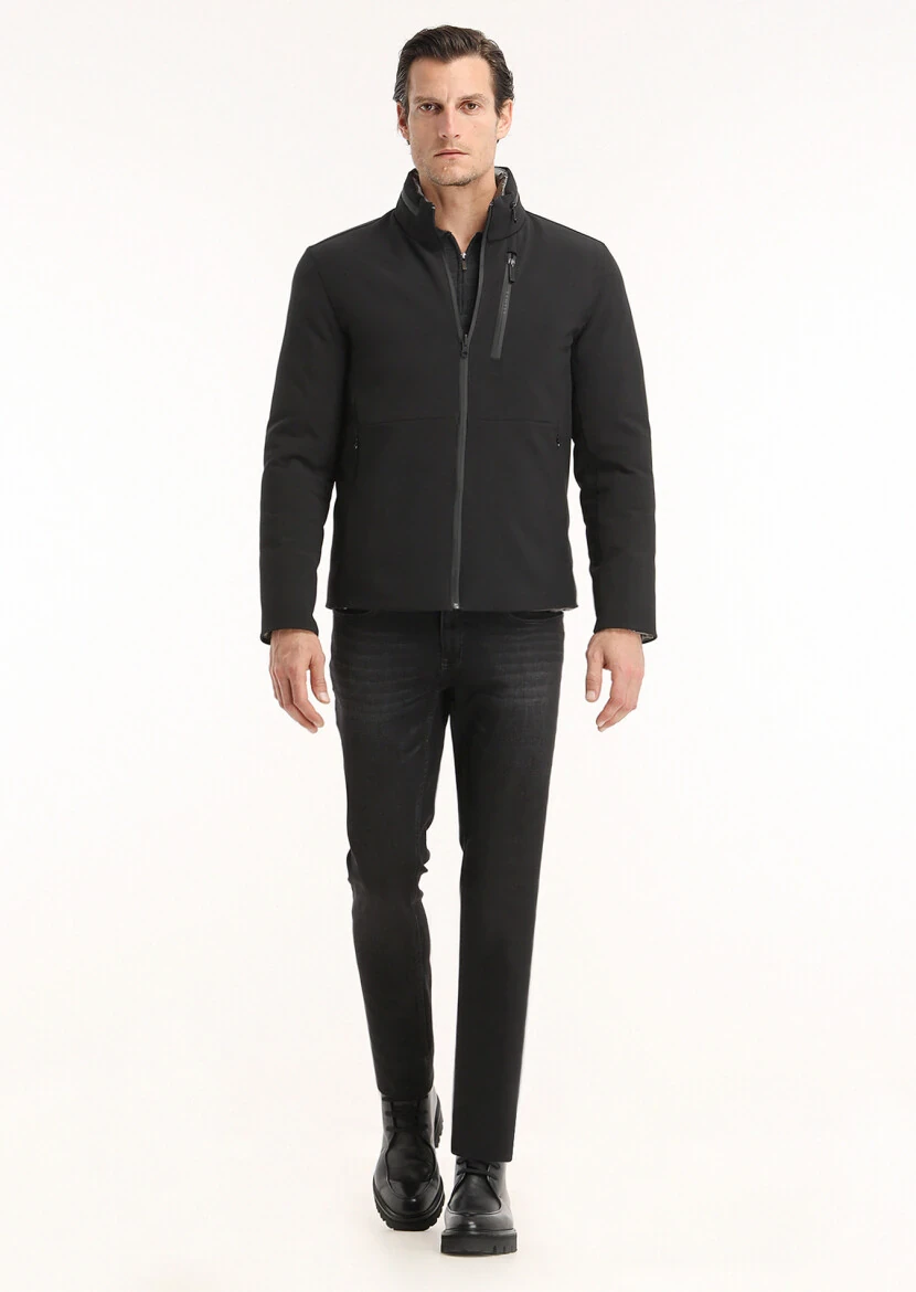 Black Regular Fit Hidden Hood Casual Weaving Double Sided Puffer Coat - 1