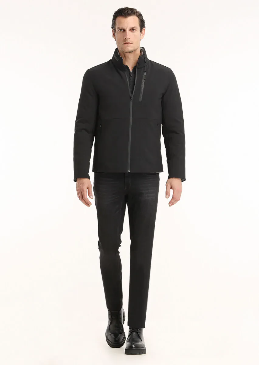 Black Regular Fit Hidden Hood Casual Weaving Double Sided Puffer Coat - 1