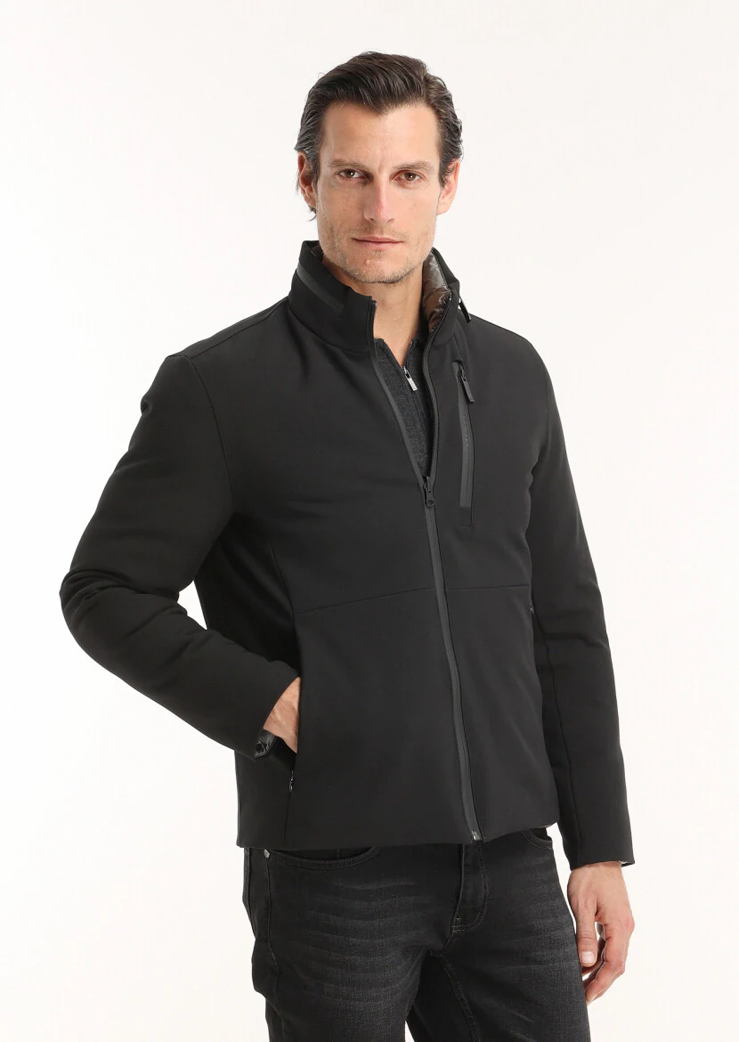 Black Regular Fit Hidden Hood Casual Weaving Double Sided Puffer Coat - 3