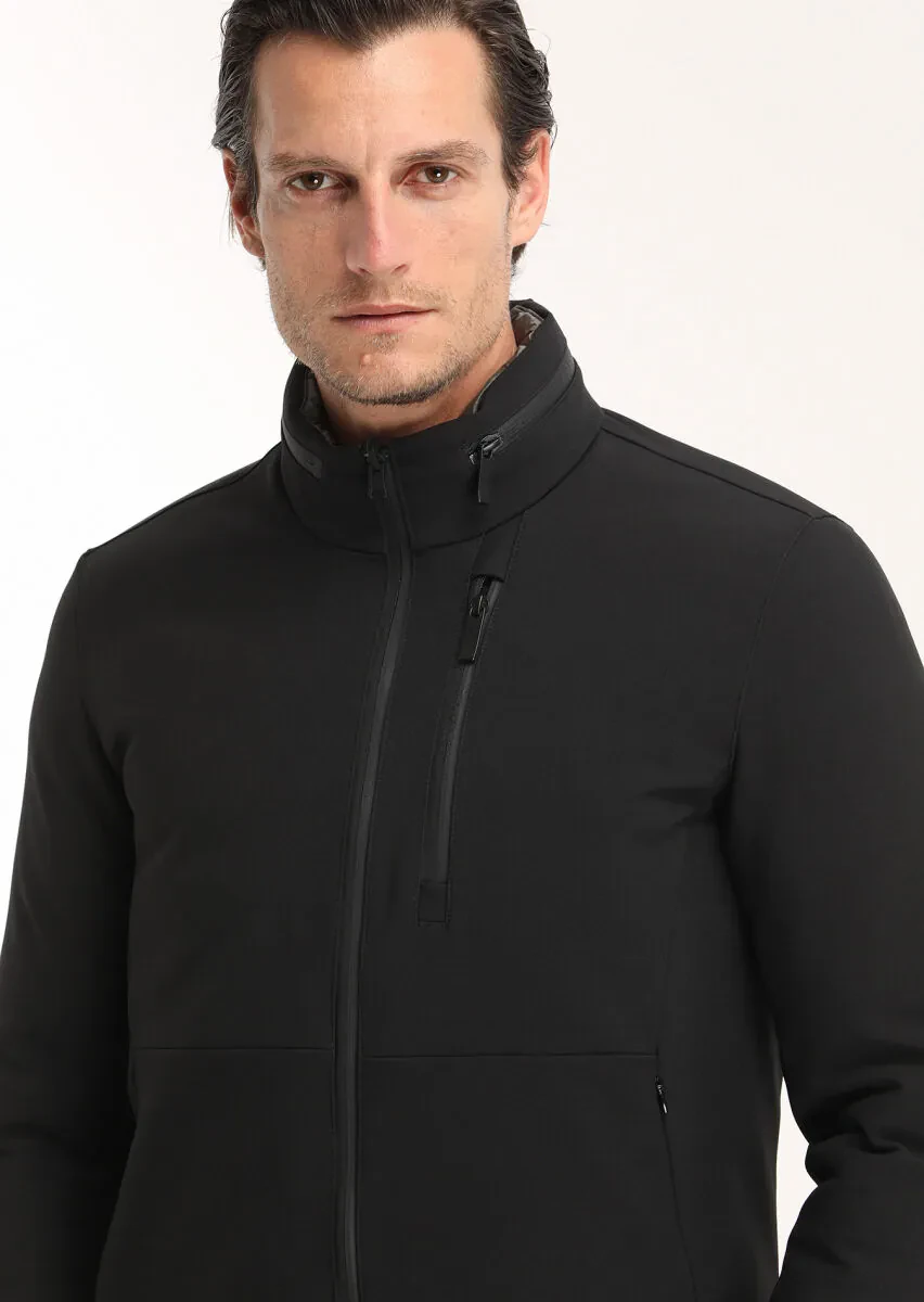 Black Regular Fit Hidden Hood Casual Weaving Double Sided Puffer Coat - 4