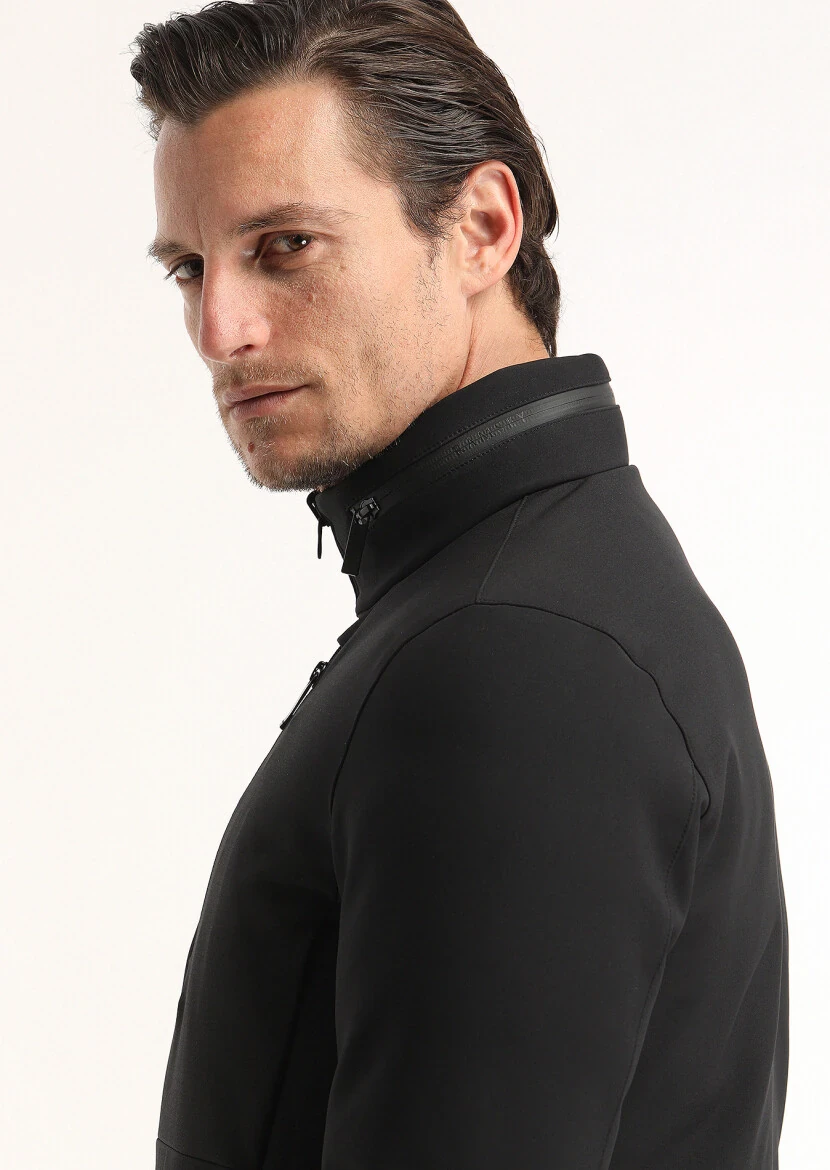 Black Regular Fit Hidden Hood Casual Weaving Double Sided Puffer Coat - 8