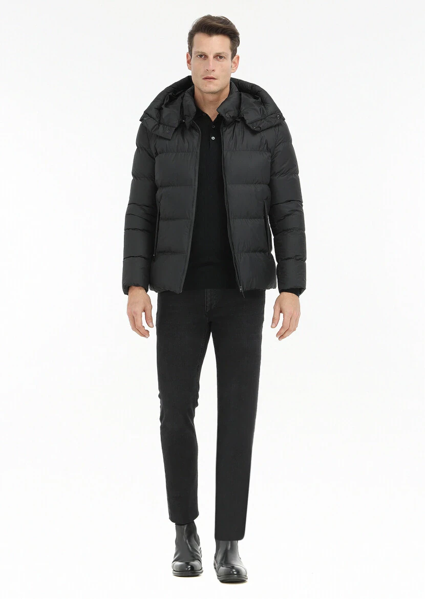 Black Regular Fit Hooded Casual Weaving Coat - 1