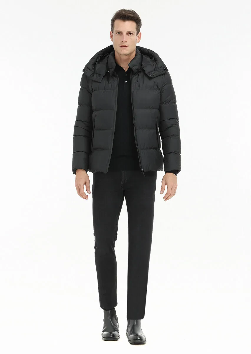 Black Regular Fit Hooded Casual Weaving Coat - 1