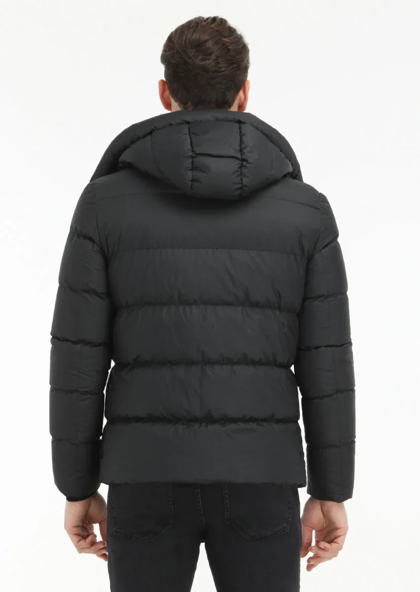 Black Regular Fit Hooded Casual Weaving Coat - 5