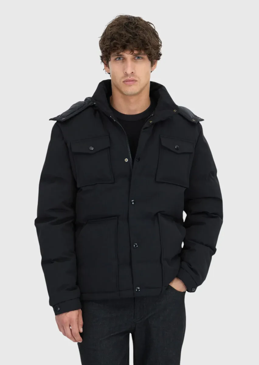 Black Regular Fit Hooded Casual Weaving Coat - 1