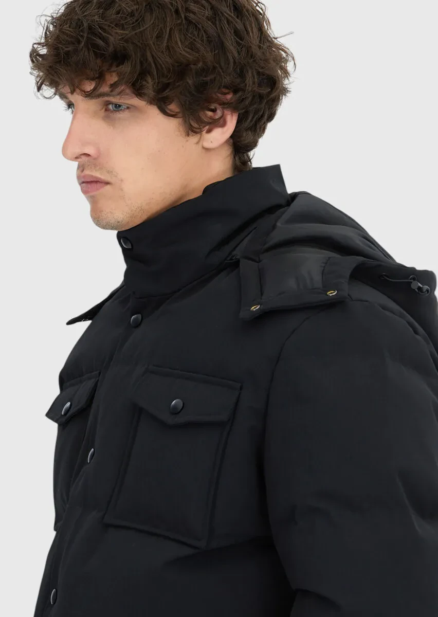 Black Regular Fit Hooded Casual Weaving Coat - 4