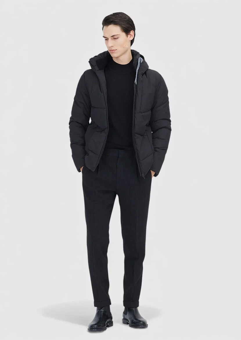 Black Regular Fit Hooded Casual Weaving Coat - RAMSEY