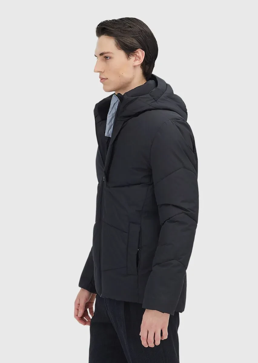 Black Regular Fit Hooded Casual Weaving Coat - 3