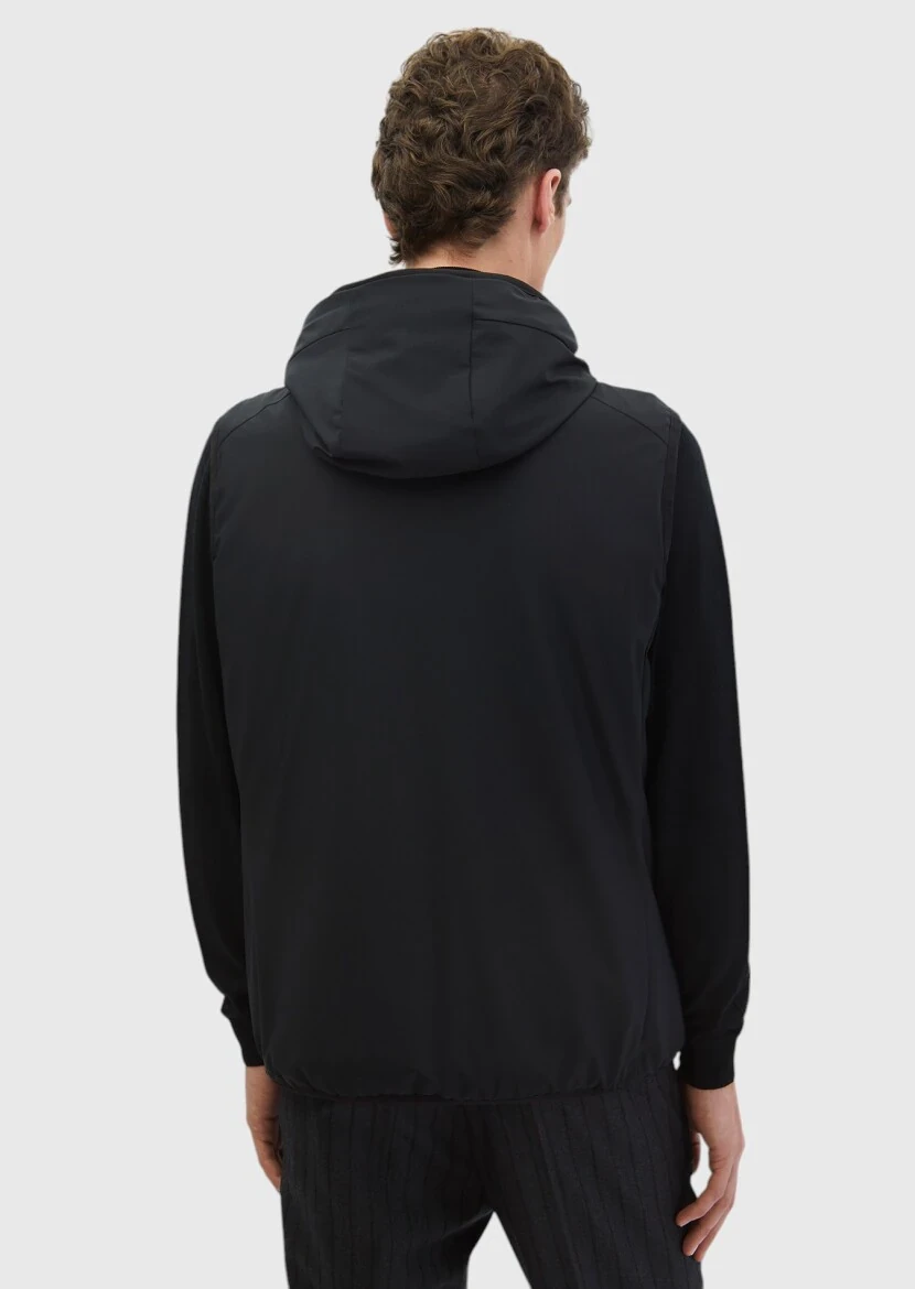 Black Regular Fit Hooded Casual Weaving Puffer Vest - 6