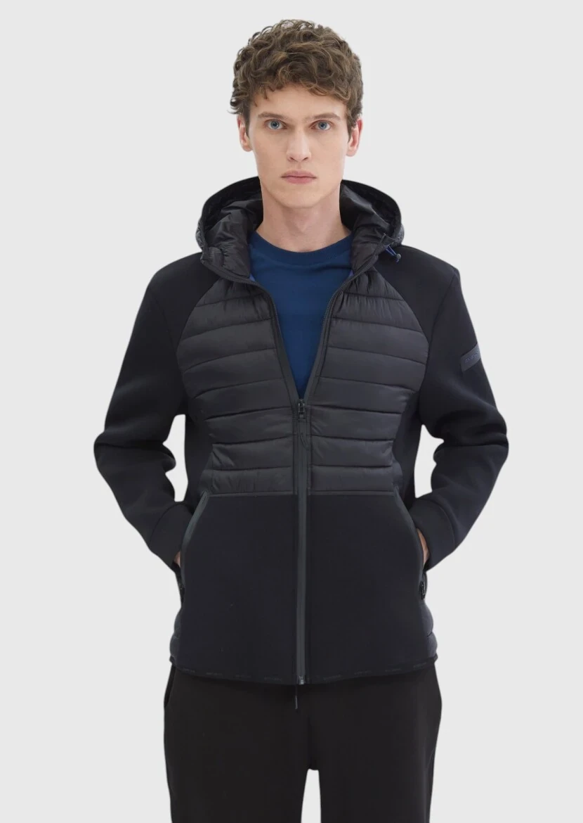 Black Regular Fit Hooded Denim Weaving Coat - 1