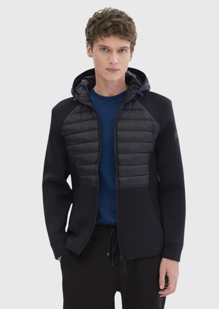 Black Regular Fit Hooded Denim Weaving Coat - 3