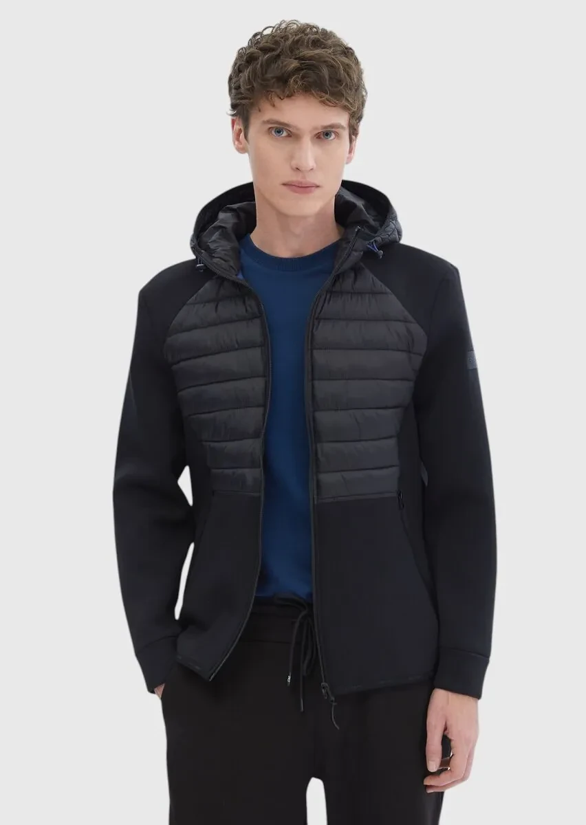 Black Regular Fit Hooded Denim Weaving Coat - 3