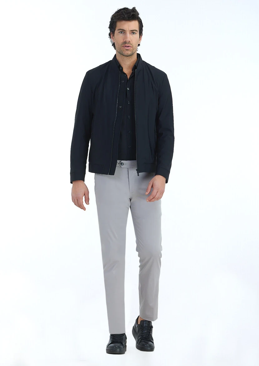 Black Regular Fit Mandarin Collar Casual Weaving Coat - 1