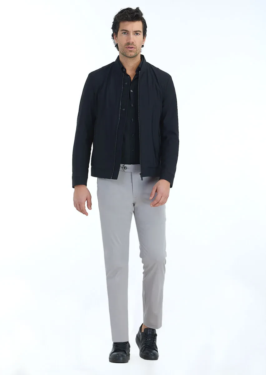 Black Regular Fit Mandarin Collar Casual Weaving Coat - 1