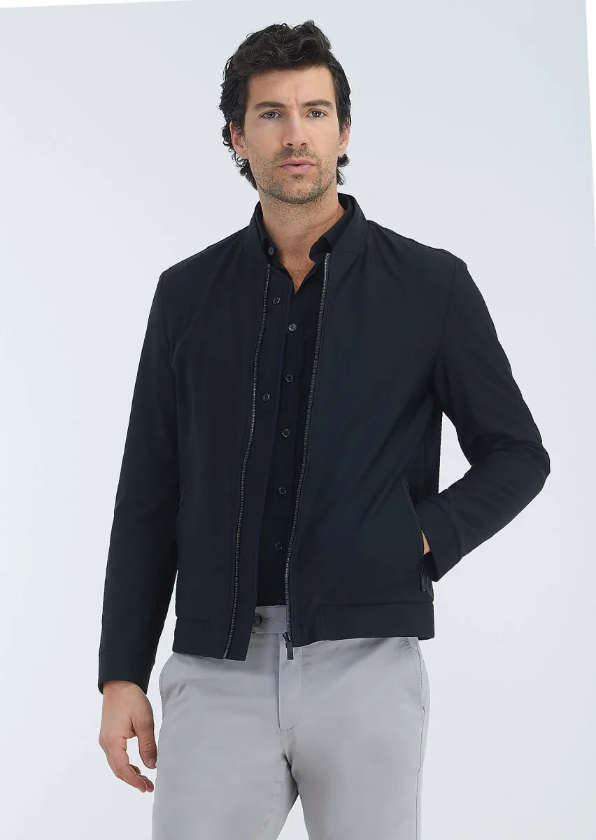 Black Regular Fit Mandarin Collar Casual Weaving Coat - 2