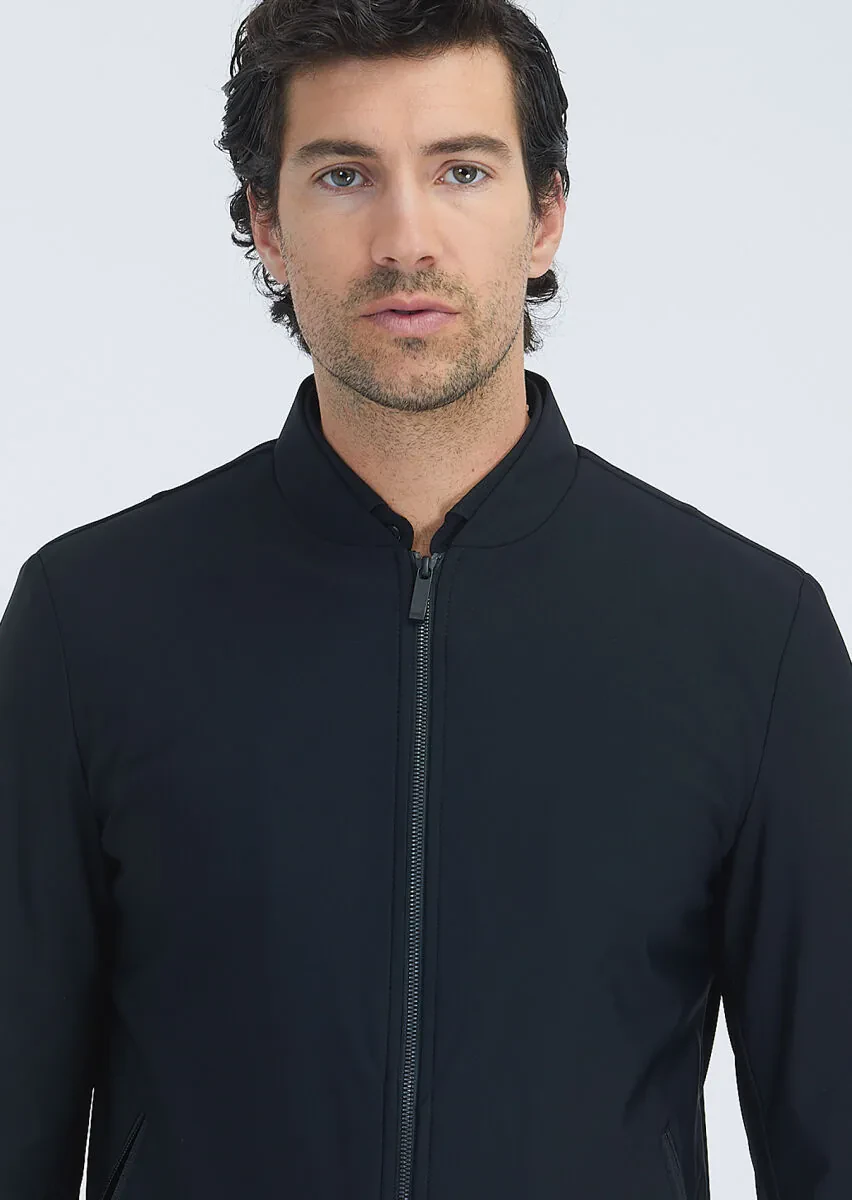 Black Regular Fit Mandarin Collar Casual Weaving Coat - 3