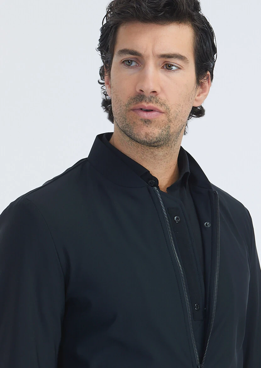 Black Regular Fit Mandarin Collar Casual Weaving Coat - 4