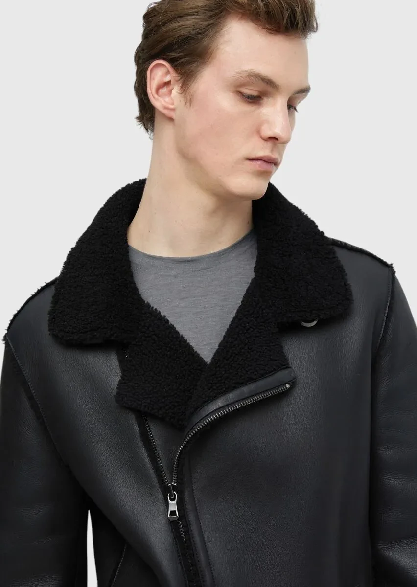 Black Regular Fit Shirt Collar Casual Fur Leather Coat - 5