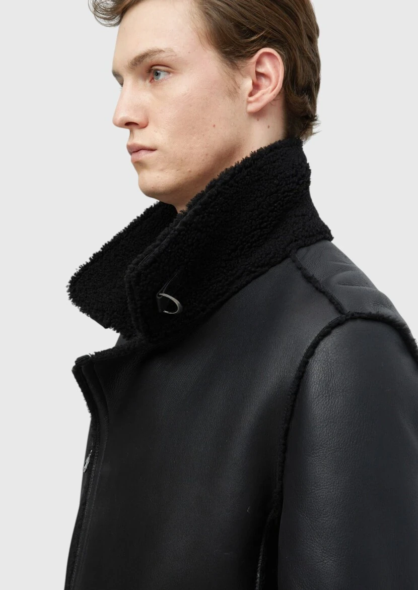 Black Regular Fit Shirt Collar Casual Fur Leather Coat - 6