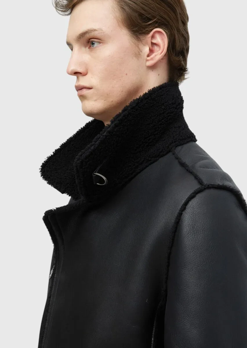 Black Regular Fit Shirt Collar Casual Fur Leather Coat - 6