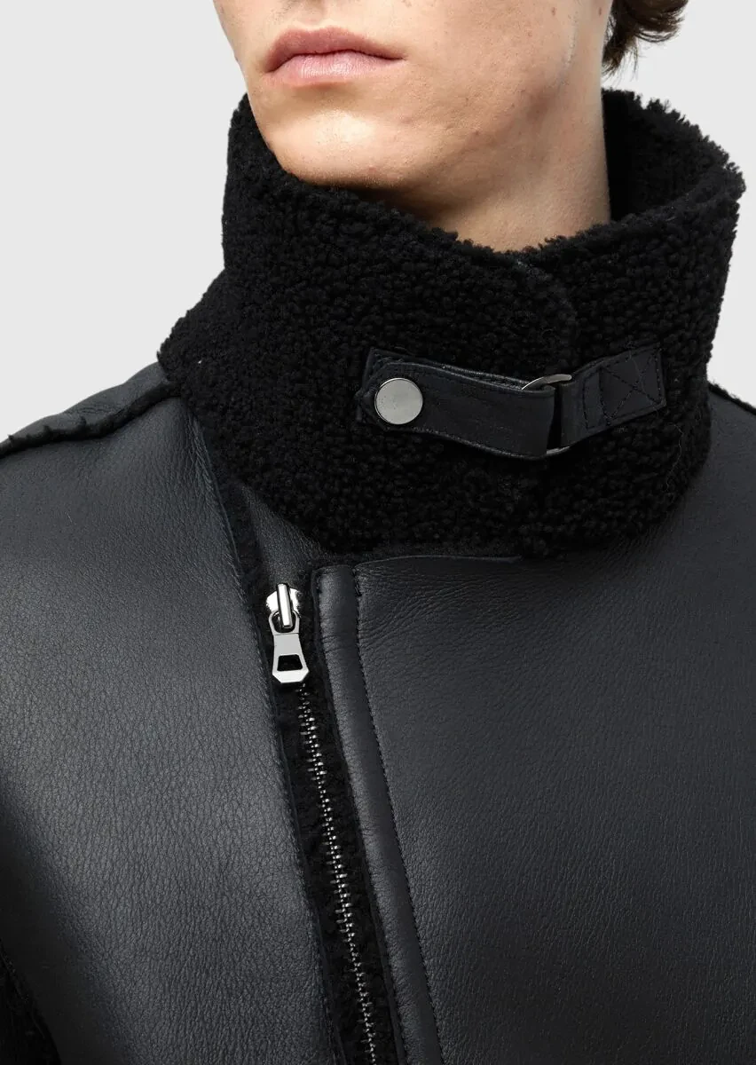 Black Regular Fit Shirt Collar Casual Fur Leather Coat - 7