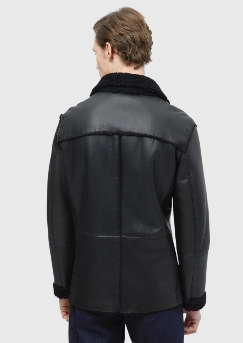 Black Regular Fit Shirt Collar Casual Fur Leather Coat - 8