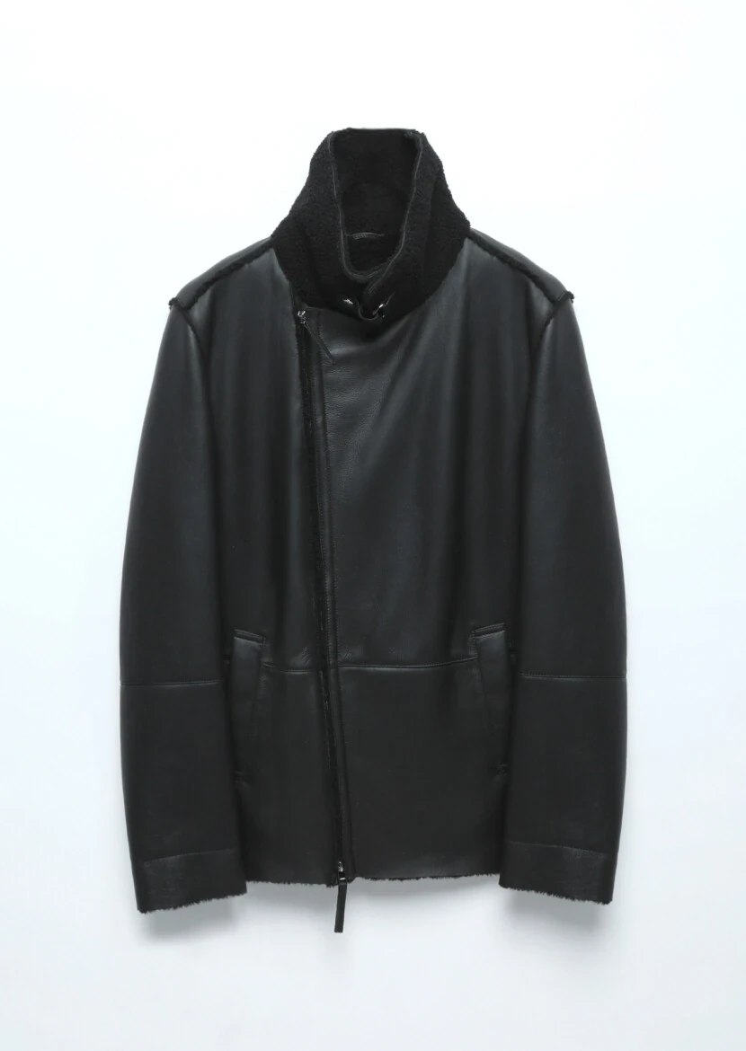 Black Regular Fit Shirt Collar Casual Fur Leather Coat - 9