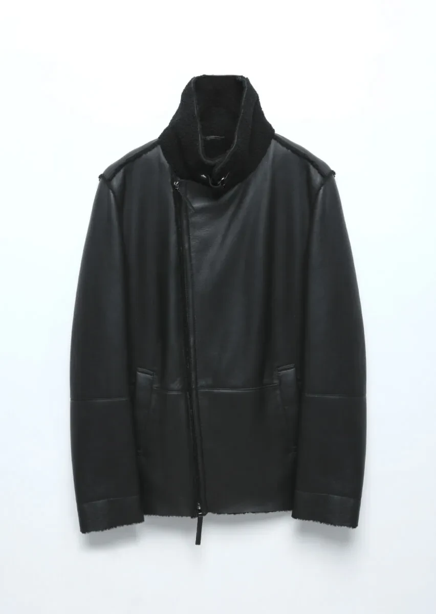 Black Regular Fit Shirt Collar Casual Fur Leather Coat - 9